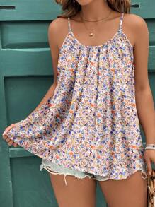 SHEIN Clasi Camiseta sin mangas y top casual de talla grande con estampado floral vintage elegante, adecuada para el verano y vacaciones en la playa, como regalo para el Día de la Madre