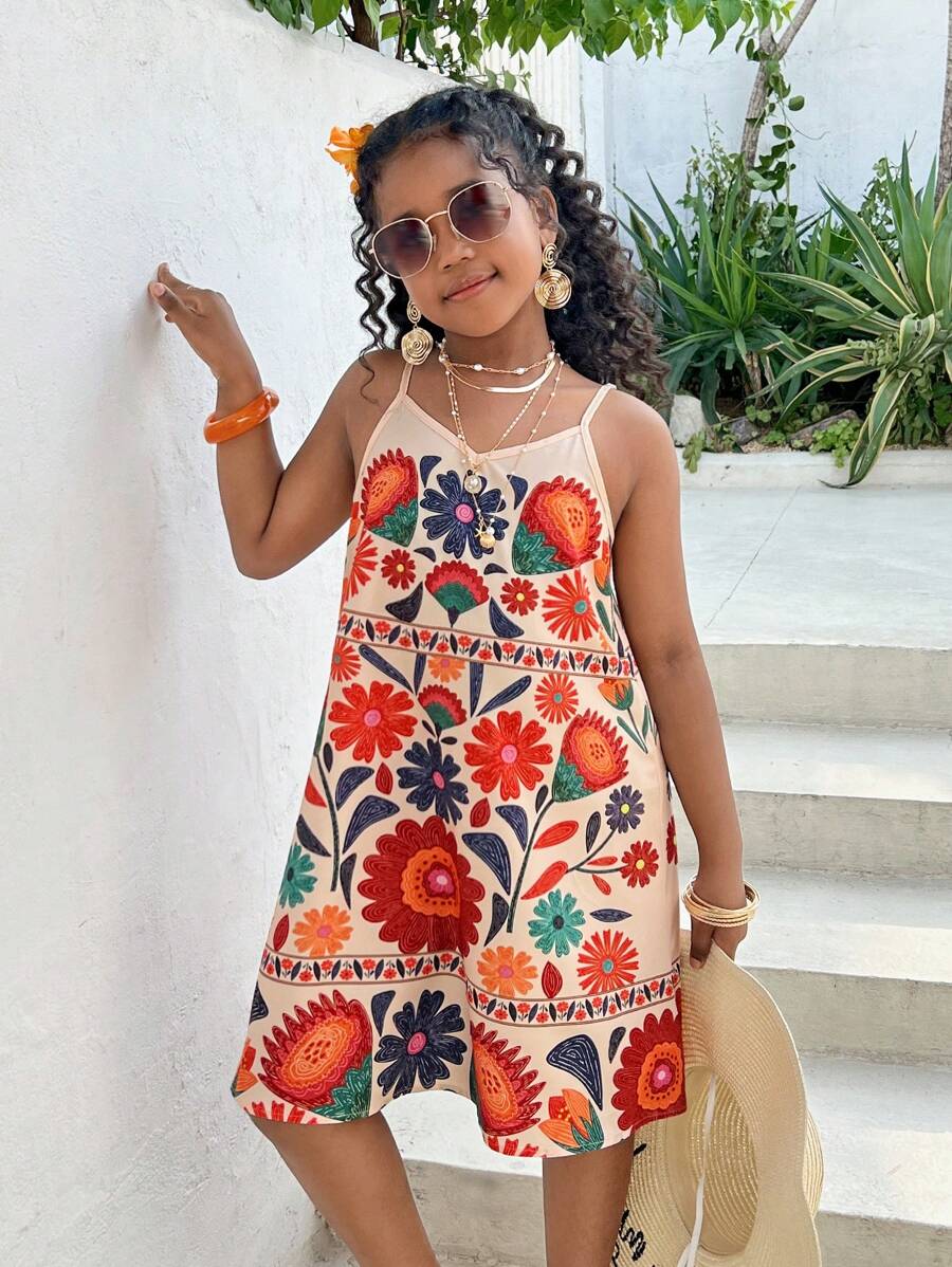 SHEIN Tween Girls Vacation Casual Floral Print Loose Spaghetti Strap Dress, Spring/Summer - Multicolor - View 1