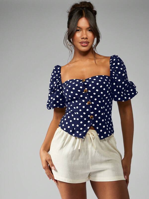 MISSGUIDED LINEN POLKA DOT TAILORED PUFF SLEEVE TOP