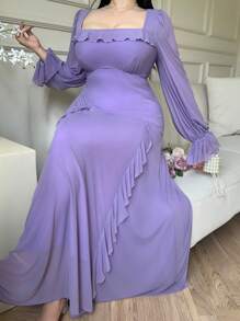 Feyla Plus Size Women Solid Color Ruffle Edge Square Neck Flare Sleeve Elegant Dress - Mauve Purple - View 7