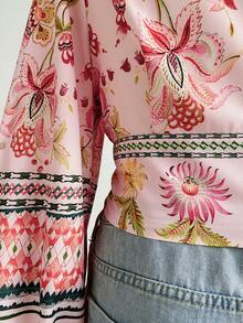 Dreamara 大码女式春装度假印花深V领长袖蝴蝶结前襟衬衫 - 彩色 - 查看 5