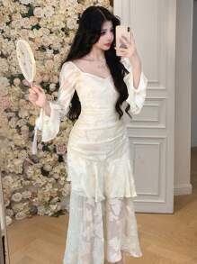 DAZY Vestido de largo medio con volantes texturizados, para primavera/verano - Blanco - Ver 2
