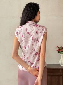 EastFlair 女士花卉印花V领优雅复古背心 - 白色 - 查看 6