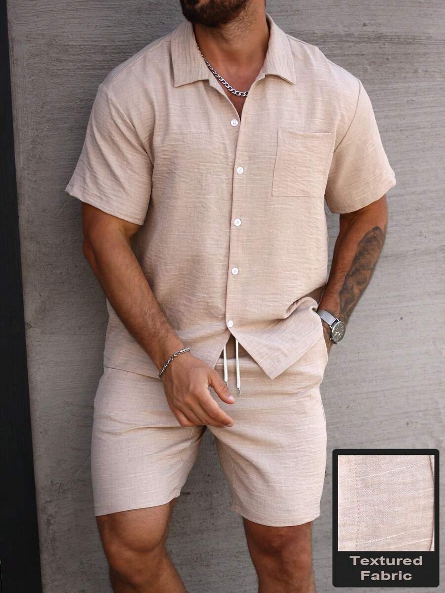 Manfinity Homme Conjunto casual de camisa de manga corta de unicolor con bolsillo y pantalones cortos para hombre