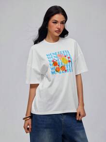 Roylia 夏季女士休闲度假水果字母印花宽松圆领短袖T恤 - 白色 - 查看 5