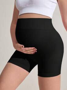SHEIN Pregnant Women Solid Color High Waisted Everyday Fitness Workout Shorts - Black - View 4