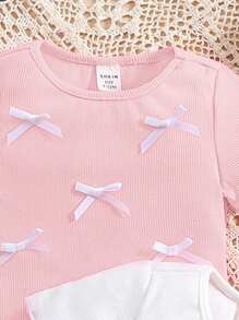 SHEIN LMoss Kids 2 件套 Babygirl 可爱蝴蝶结针织短袖上衣，夏季百搭 - 粉色 - 查看 4