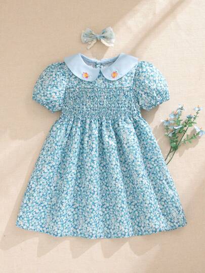 Souflis Souflis Girls Cute French Design Floral Embroidery Round Neck Loose Sweet Short Sleeve Dress, Suitable For Summer Dress Clothes For Girls Girl Clothes For Kids Dress