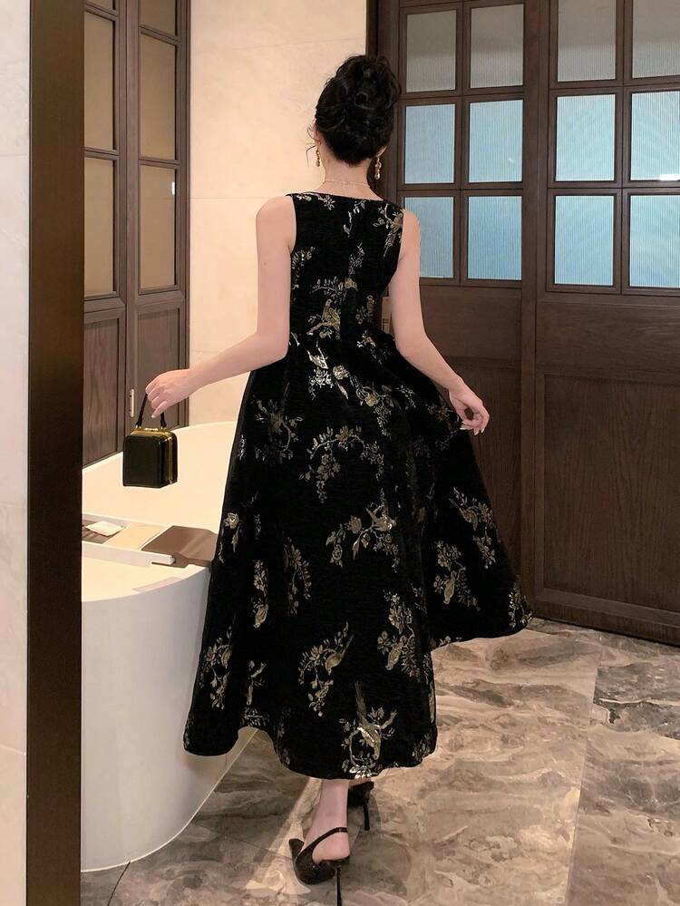 Vestido elegante de longitud media con cuello redondo y sin mangas con estampado floral para mujer, vestido de verano formal y vestido largo para mujer