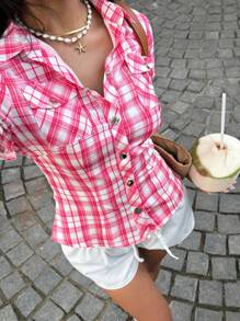 Sunnyshic 粉色格子纽扣口袋女式衬衫 - 彩色 - 查看 6