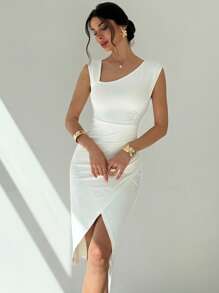 Firerie Vestidos midi para mujer, modestos, ropa de mujer para otoño, casual de negocios, estilo old money, atuendos de campo, blusas para salir, atuendo de viaje para el aeropuerto, de vuelta a la escuela, vestidos blancos, vestido asimétrico de unicolor con cuello plisado sin mangas y cintura esbelta de longitud media, vestido maxi blanco, atuendo de invitada de boda, cita de San Valentín, vacaciones, uso diario - Blanco - Ver 3