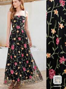 Aveloria Nowa Elegancka Francuska Vintage Elegancka Dama Formalna Romantyczna Ciężka Haftowana Siatka Kwiatowa 3D Dekoracja Bez Rękawów Ściągana Talia Maxi Sukienka A-Line