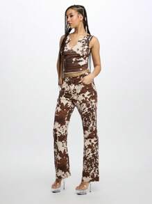 SUMWON WOMEN 复古牛仔印花喇叭牛仔裤西式喇叭裤高腰牛仔裤 Y2K 时尚宣言阔腿裤秋冬