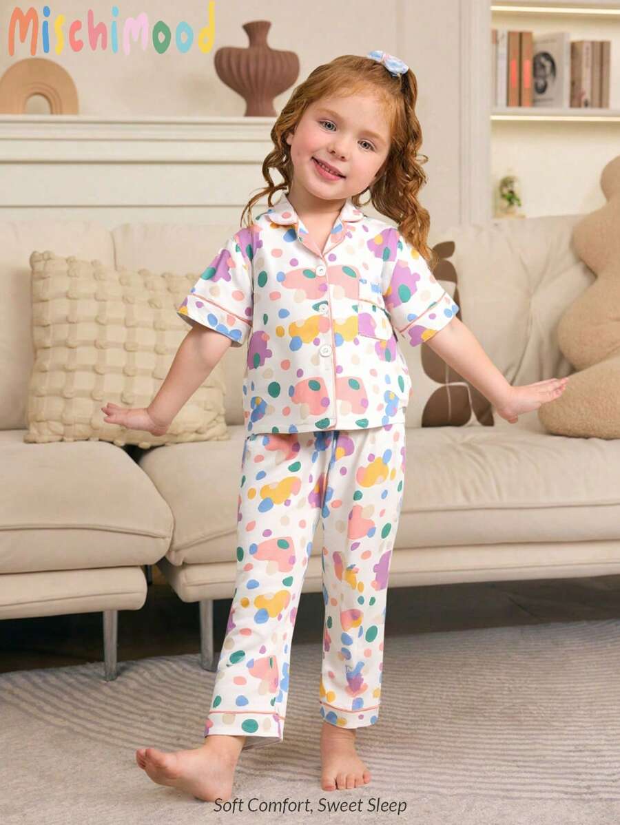 2pcs Young Girl Fashionable Cute Polka Dot Heart V-Neck Shorts Pajama Set Kids Clothes Sets Pj Sets ,Spring Summer Clothes - Multicolor - View 1