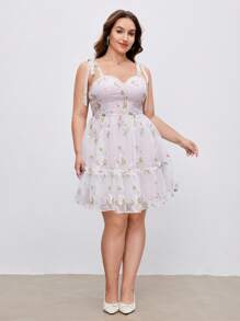 SHEIN MOD Váy ngắn hở vai thêu lưới cỡ lớn cho nữ - Hồng - Xem 1