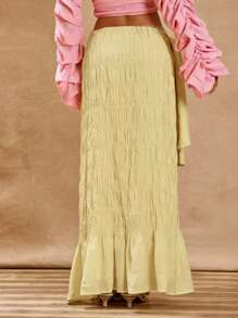 MUSERA 褶皱亚麻质感垂坠侧开衩长裙，夏日度假波西米亚风伊比沙岛优雅海滩俱乐部卡鲁伊时尚假日 - 黃色 - 查看 4