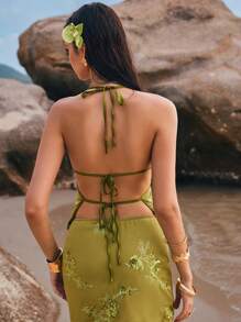 Poéselle Women's Tops Sequin Fabrics Open Back Green Sequin Tops Vacation Beach Wear Party Festival Wear Sequins Embroidery Summer Casual Vacation Halter Top - Green - View 3