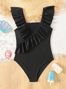 SHEIN Leap Crew Tween Girls Casual Solid Color Adorable Square Neck Crossed Ruffle One-Piece Swimsuit - Black - View 1