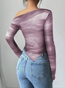 Firerie Women Tie Dye Print Asymmetrical Neck Long Sleeve Fitted T-Shirt - Dusty Pink - View 2