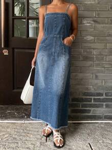 DAZY 女士休闲水洗牛仔吊带裙，适合春夏季 - 藍色 - 查看 4