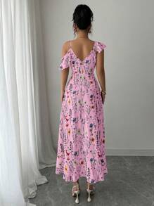 Elenzga Váy in hoa xếp nếp bất đối xứng thanh lịch dành cho nữ - Hồng - Xem 2