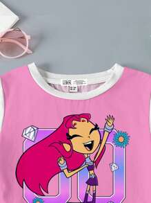 Teen Titans Go X SHEIN Young Girl Colorblock Cartoon Figure Graphic Round Neck Short Sleeve T-Shirt, Summer