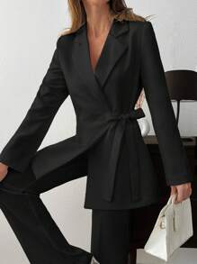 EURMUSE WOMEN ELEGANT SUIT SET WITH BELT DETAILED - Black - View 6