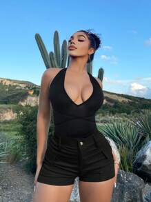 SHEIN SXY 素色翻蓋口袋短褲 - 黑色 - 查看 6