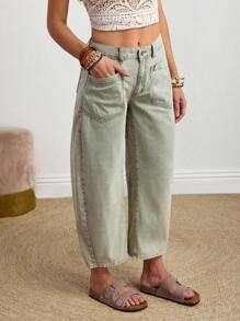 EMERY ROSE Women's Casual Loose Distressed Wide-Leg Jeans - Army Green - View 4