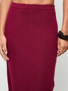 AiiRZ Fine Ribbed Front Buttoned Crop Waistcoat Top With Fitted Elastic High Waist Maxi Skirt Two Piece Co Ord Set - Red - View 6