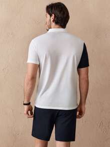 HIMLAND Men's 2pcs Knitted Color-Block Pattern Printed Casual Polo Shirt And Mid-Waist Straight Shorts Set, Suitable For Summer, Old Money - Multicolor - View 4