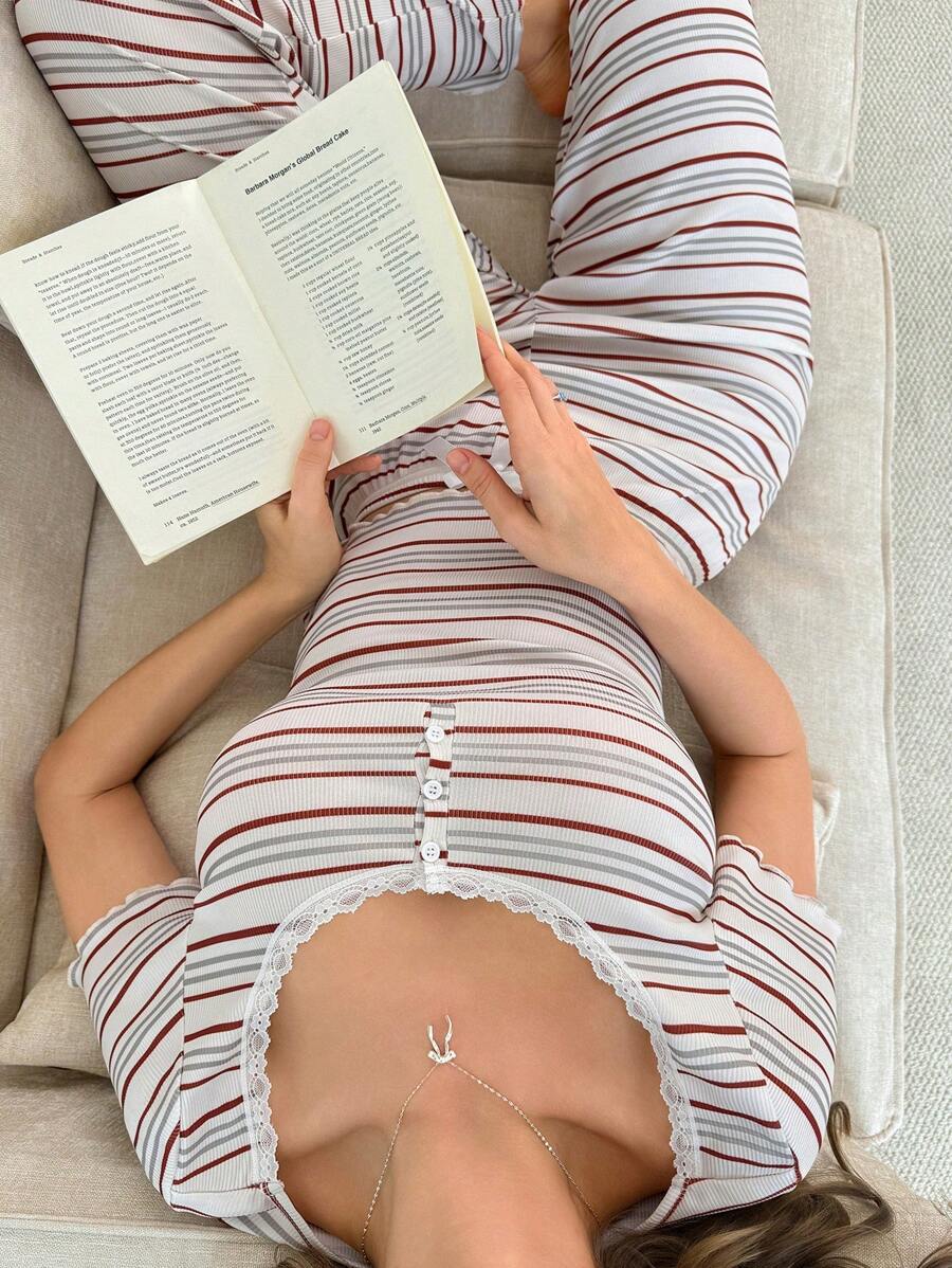 SHEIN 女士条纹碎花拼接领短袖睡衣套装