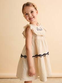 Ontre Loose Casual Embroidered Floral Ruffle Hem Young Girl Dress - Khaki - View 1