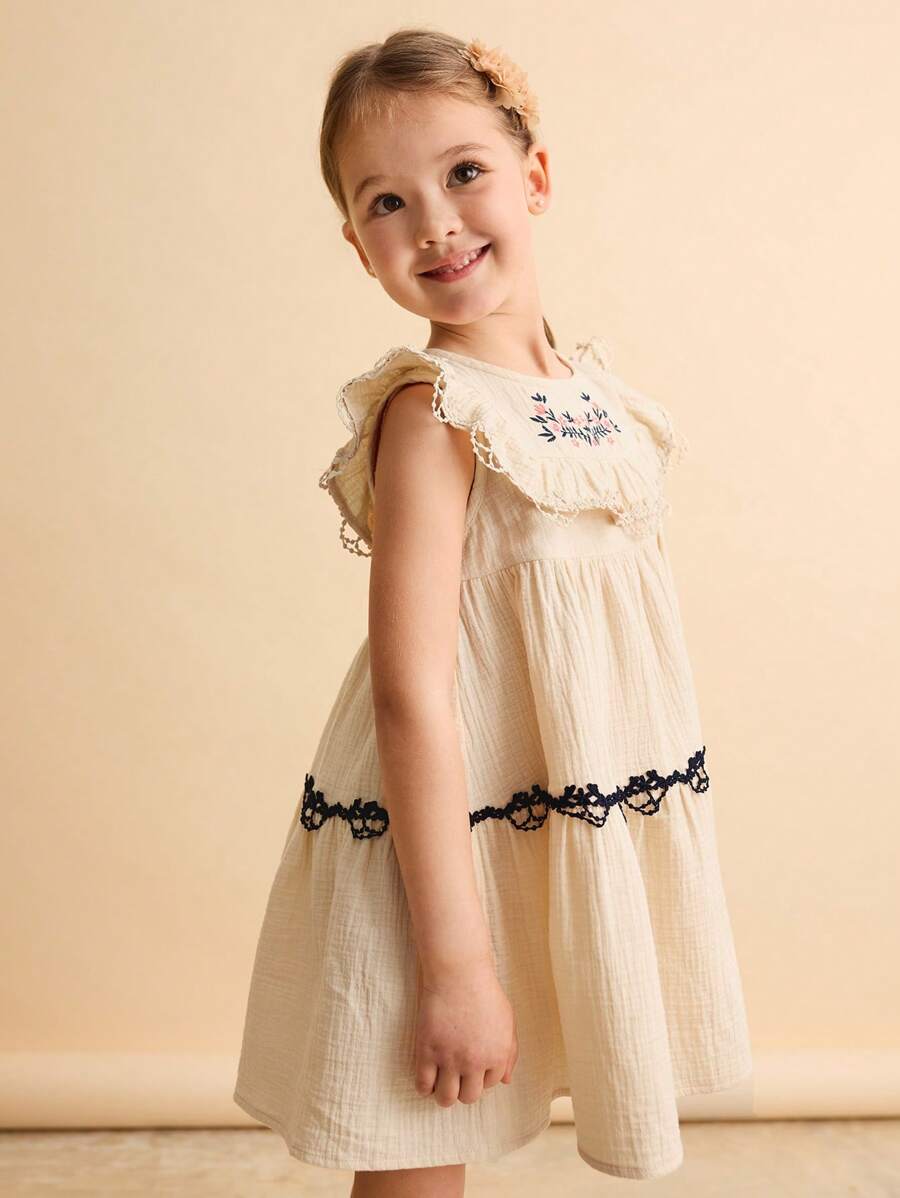 Ontre Loose Casual Embroidered Floral Ruffle Hem Young Girl Dress - Khaki - View 1