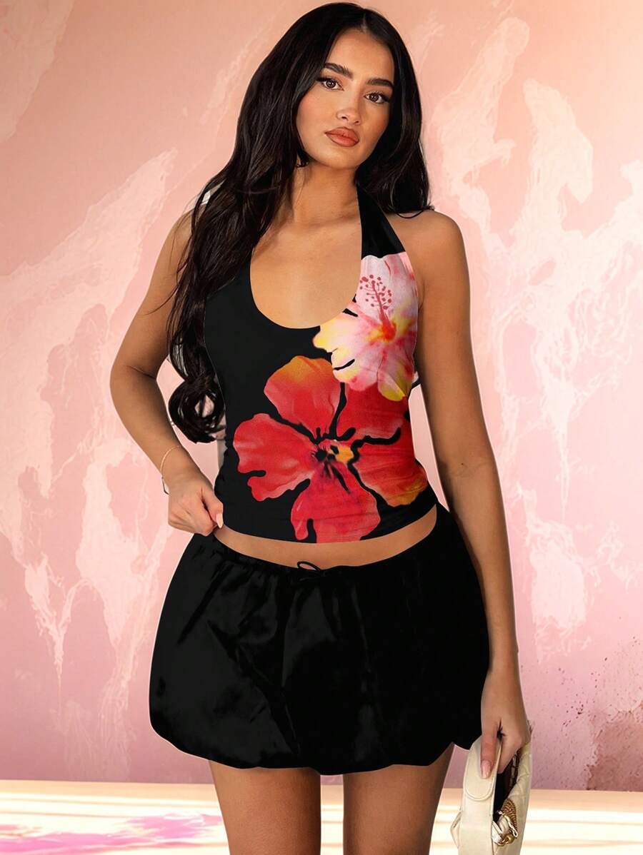 SHEIN BAE Áo thun in hình dành cho nữ/Áo thun cổ yếm mùa hè dành cho nữ/Áo tank top ngắn/Áo dễ thương/Áo in hình/Áo đi nghỉ mát/Áo mùa hè/Áo thun in hình/Áo - Nhiều màu - Xem 1