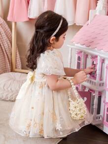 Baby Girl Elegant Cute Apricot Mesh Embroidered Peter Pan Collar Summer Dress Outfit