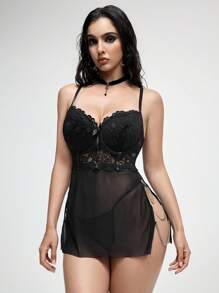 ROMWE Gothic Boned Lace Sexy Lingerie Set - Black - View 4