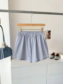SHEIN LUNE 女士服装夏季棉质条纹V形松紧腰女式短裤，适合夏季休闲和度假 - 藍白色 - 查看 3
