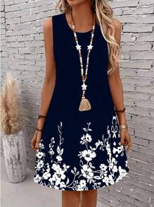 EMERY ROSE Plus Size Navy Blue Floral Print Comfortable Casual Dress - Multicolor - View 4