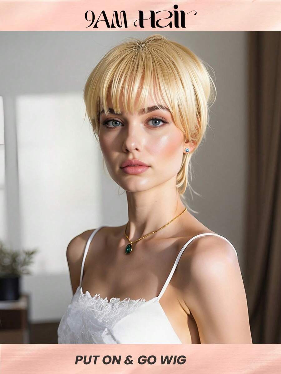 Short Straight Pixie Cut Wig With Bangs Blonde Color Daily Use Wig For Women Beginner Friendly Wear&Go Glueless Wig - S14 - View 1