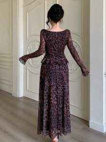 Modelyn Women's Leopard Printed Mesh Ruffle Tie Elegant Summer Sheer Dress - Coffee Brown - View 2