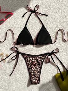 Swim Vcay 2026 Spring/Summer Women's Black Drawstring Halter Leopard Print Random Floral Beach Shell Decor Side Tie High Cut Thong Sexy Bikini Set Set
