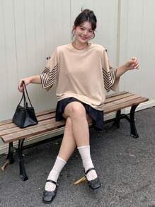 Dazy Plus Raglan Batwing Sleeve Contrast Stripe Patchwork Loose Round Neck Summer T-Shirt - Apricot - View 7