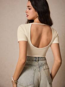 Poéselle Solid Backless Short Sleeve Tee, Effortless Chic Essential, Summer Top, Bottoming T-Shirt, Casual Chic Style For All Occasions