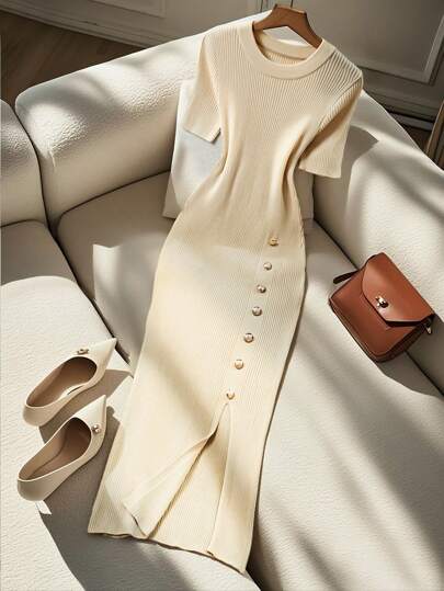 Franclia Women's Elegant Fitted Round Neck Short Sleeve Decorative Button Knit Dress, Summer