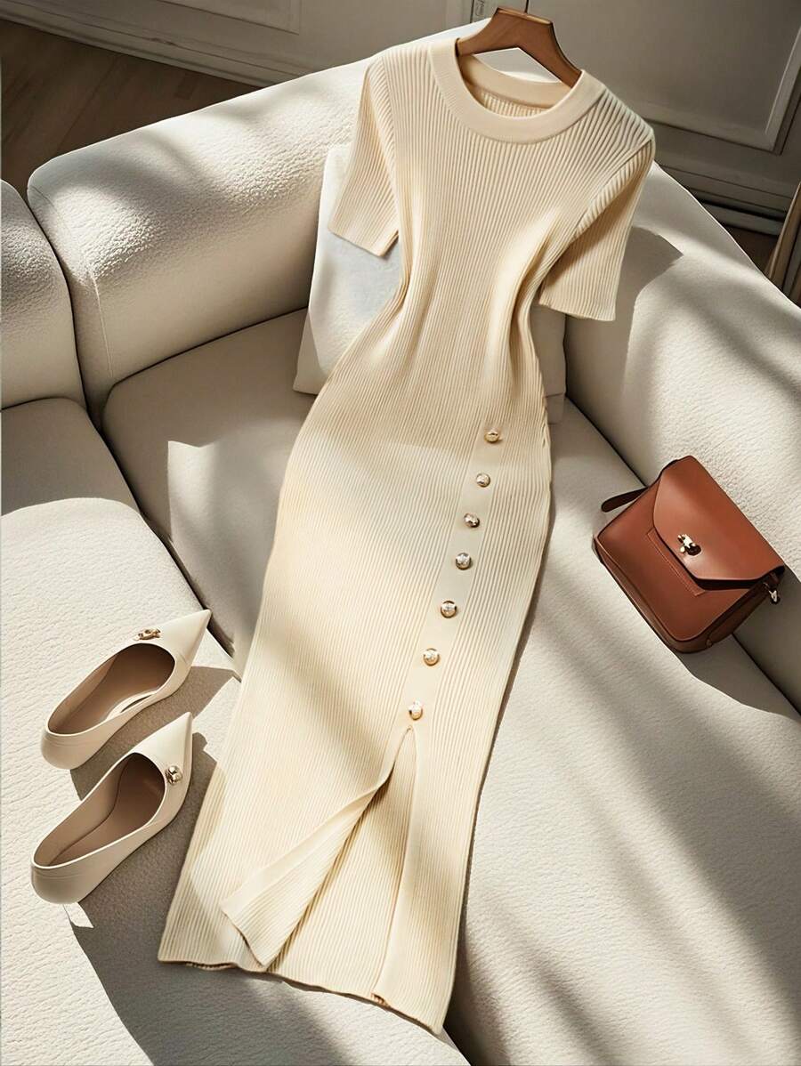 Franclia Women's Elegant Fitted Round Neck Short Sleeve Decorative Button Knit Dress, Summer - Khaki - View 1