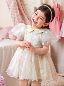 Baby Girl Elegant Cute Apricot Mesh Embroidered Peter Pan Collar Summer Dress Outfit
