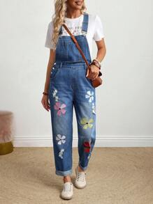 EMERY ROSE Mono de mezclilla versátil y casual con bolsillo y bordado floral para mujeres