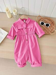 SHEIN LMoss Kids LMoss 新生女婴纯色卡其色可爱连体衣配长裤，秋冬季 - 玫紅色 - 查看 1