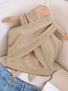 SHEIN VCAY Plus Size Women Summer Solid Color Criss-Cross Halter Crop Top - Khaki - View 6